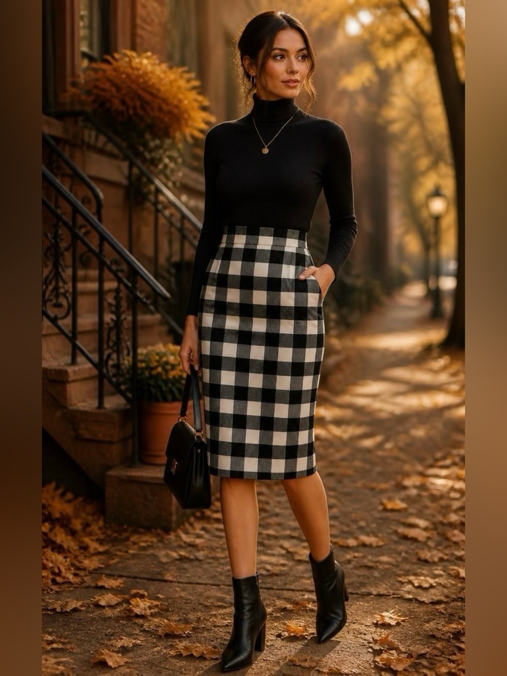 Ann Taylor Black and White Check Midi Pencil Skirt size 0